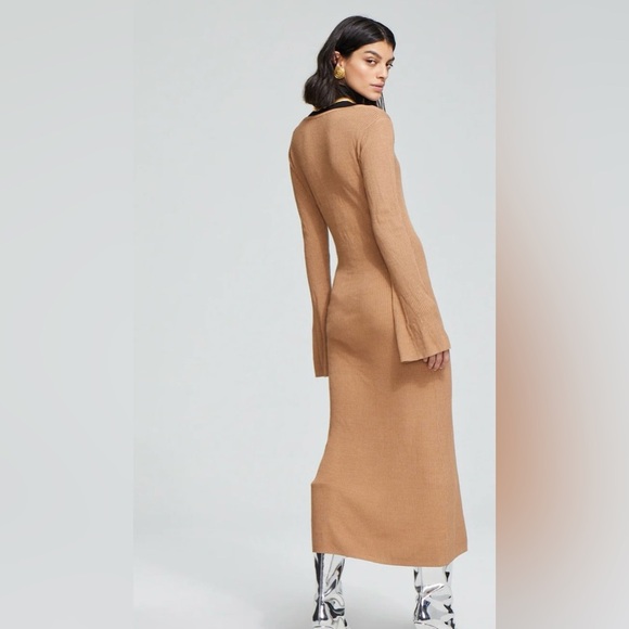 CAROLINE CONSTAS Collections Cassandra Ribbed Knit Dress in Camel Bell sleeves - Picture 3 of 13